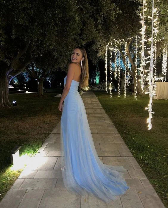 Luolandi Blue Strapless Sheath Tulle Long Party Dress Maxi Dress Off Shoulder Evening Dress Formal Dress